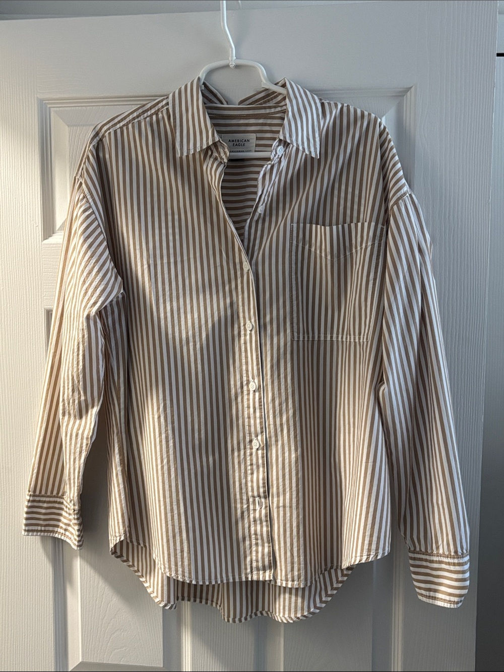 American Eagle Outfitters Tan and White Striped Button-Up Shirt